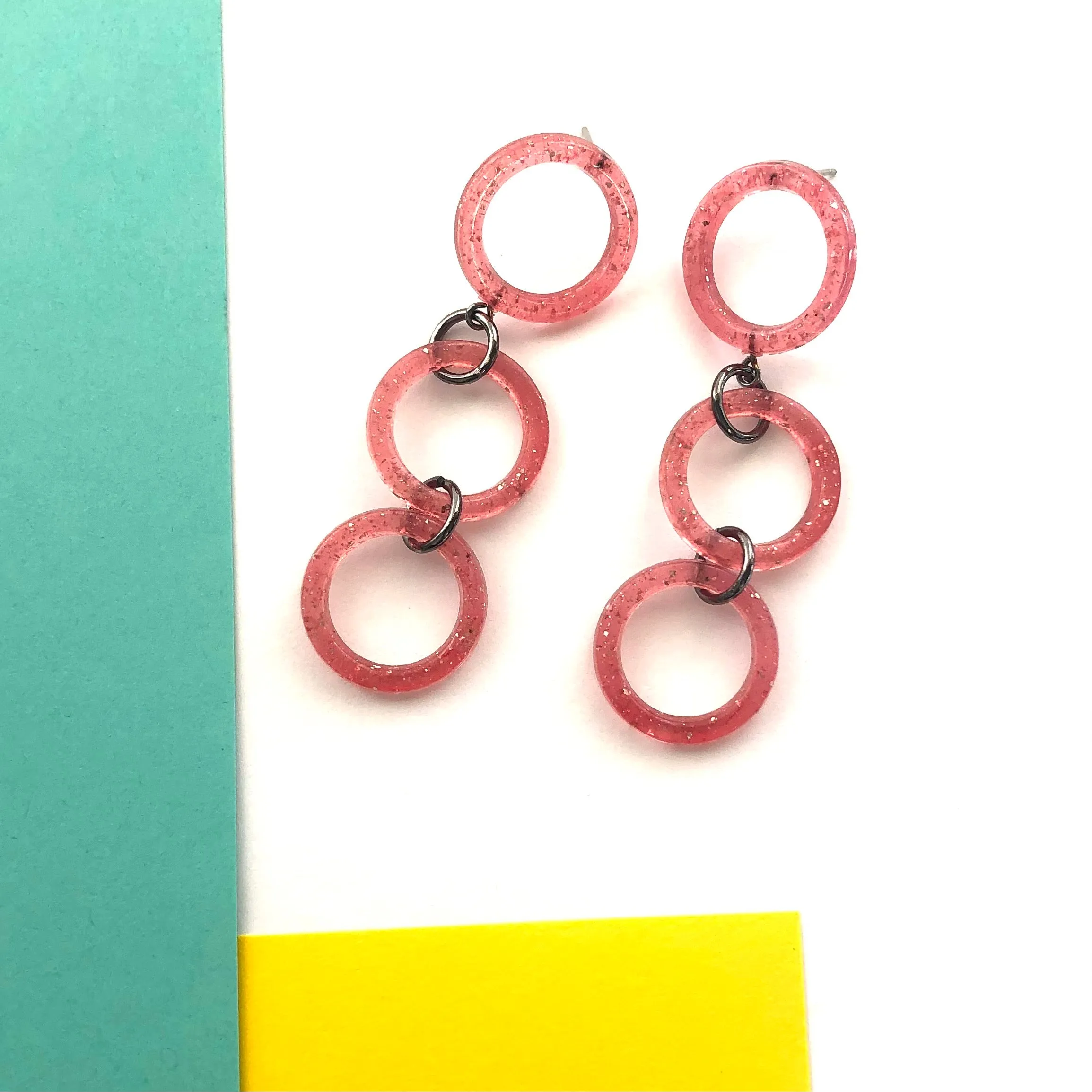 Pink Glitter Tri Dot Donut Earrings