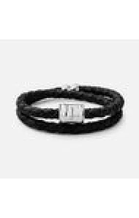 Polished Silver Black Leather Casing Bracelet