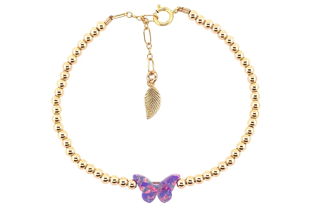 "CLASSIC OPAL BUTTERFLY" Charm and Gold Filled Ball Beaded Bracelet