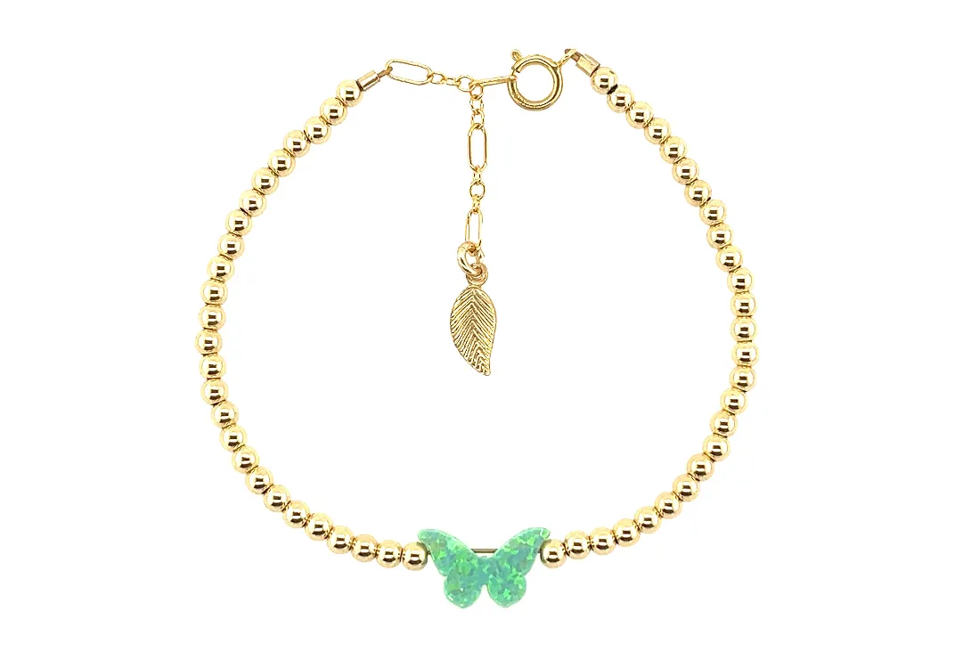 "CLASSIC OPAL BUTTERFLY" Charm and Gold Filled Ball Beaded Bracelet