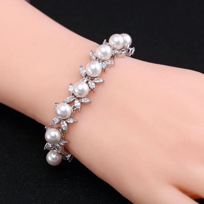 "Farrah" - Pearl and Cubic Zirconia Bridal Bracelet - Available in Silver, Rose Gold and Yellow Gold