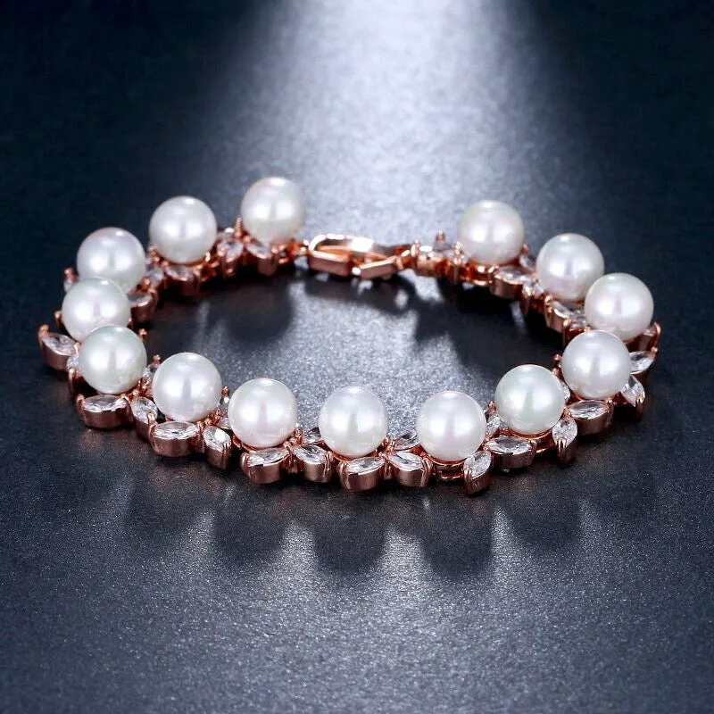 "Farrah" - Pearl and Cubic Zirconia Bridal Bracelet - Available in Silver, Rose Gold and Yellow Gold