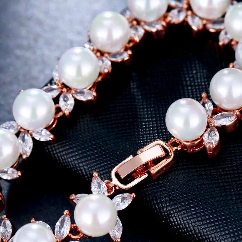 "Farrah" - Pearl and Cubic Zirconia Bridal Bracelet - Available in Silver, Rose Gold and Yellow Gold