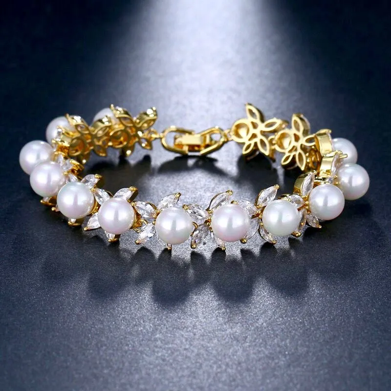 "Farrah" - Pearl and Cubic Zirconia Bridal Bracelet - Available in Silver, Rose Gold and Yellow Gold