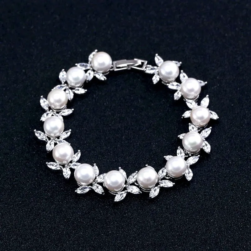 "Farrah" - Pearl and Cubic Zirconia Bridal Bracelet - Available in Silver, Rose Gold and Yellow Gold