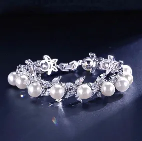 "Farrah" - Pearl and Cubic Zirconia Bridal Bracelet - Available in Silver, Rose Gold and Yellow Gold