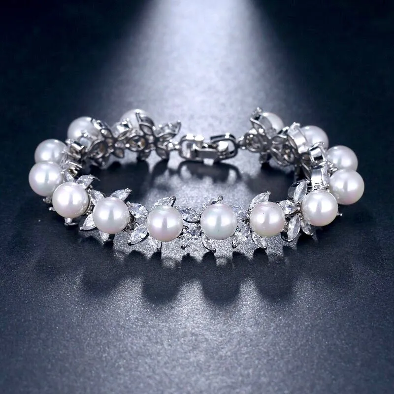 "Farrah" - Pearl and Cubic Zirconia Bridal Bracelet - Available in Silver, Rose Gold and Yellow Gold