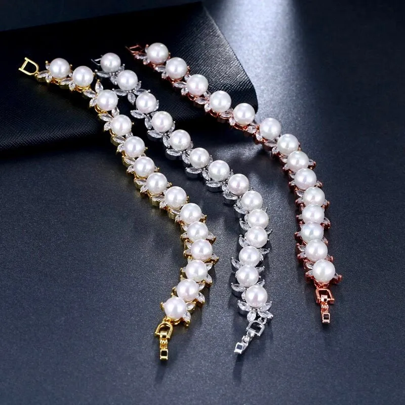 "Farrah" - Pearl and Cubic Zirconia Bridal Bracelet - Available in Silver, Rose Gold and Yellow Gold