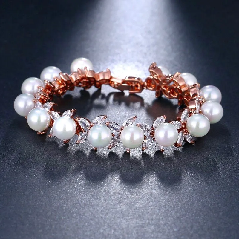 "Farrah" - Pearl and Cubic Zirconia Bridal Bracelet - Available in Silver, Rose Gold and Yellow Gold