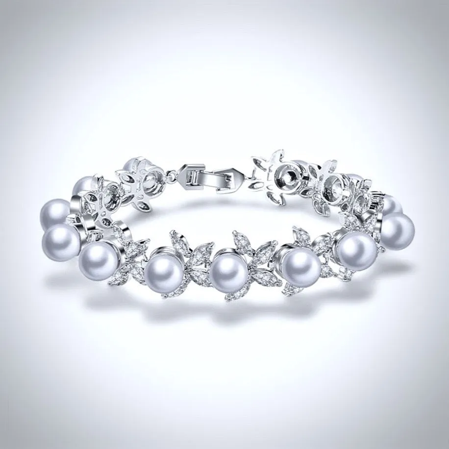 "Farrah" - Pearl and Cubic Zirconia Bridal Bracelet - Available in Silver, Rose Gold and Yellow Gold