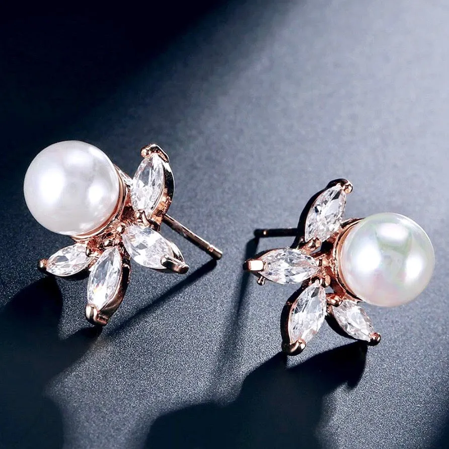 "Farrah" - Pearl and Cubic Zirconia Bridal Earrings - Available in Silver, Rose Gold and Yellow Gold