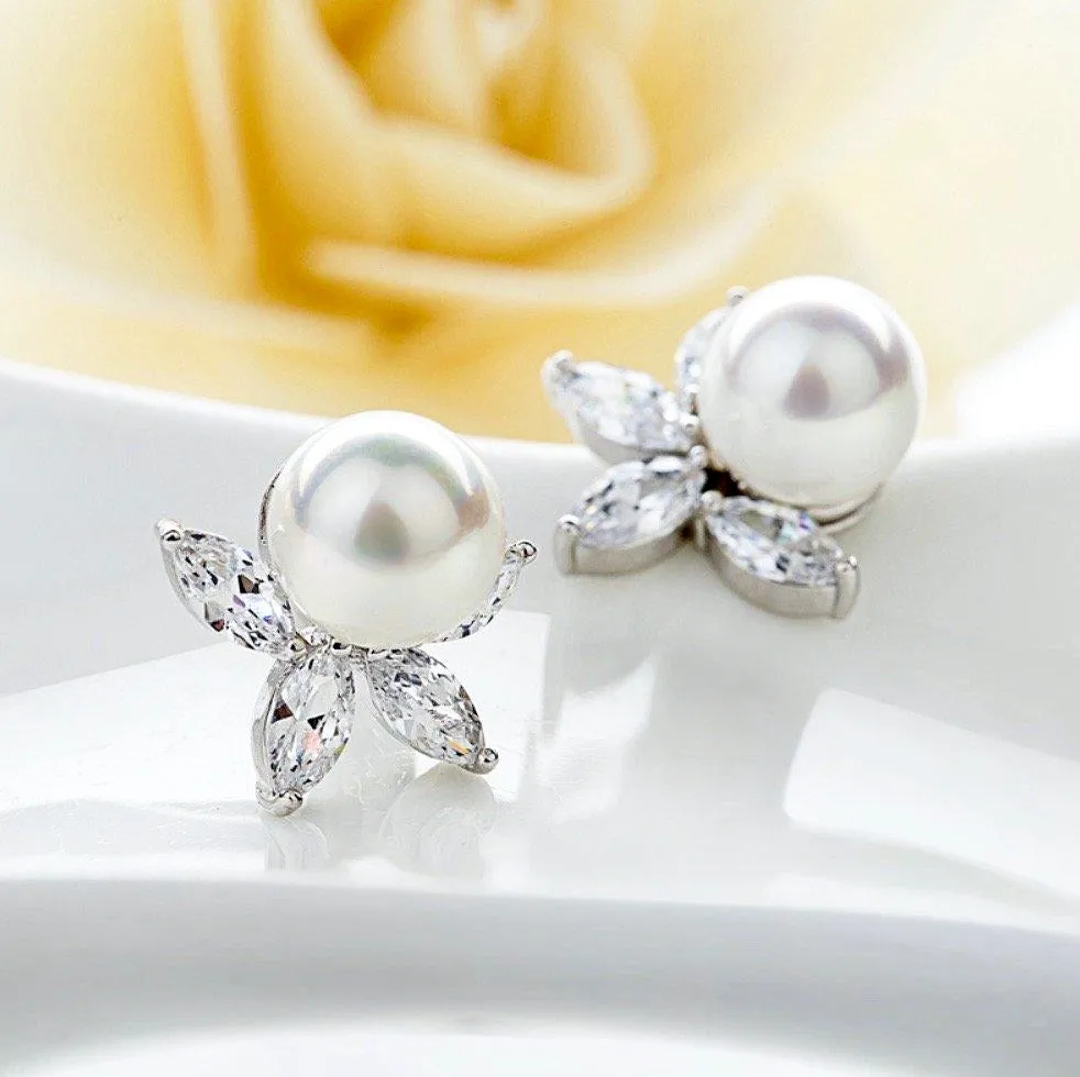 "Farrah" - Pearl and Cubic Zirconia Bridal Earrings - Available in Silver, Rose Gold and Yellow Gold