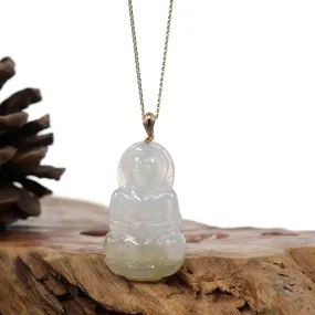 "Goddess of Compassion" 14k Yellow Gold Genuine Burmese Jadeite Jade Guanyin Necklace W/ Good Luck Design