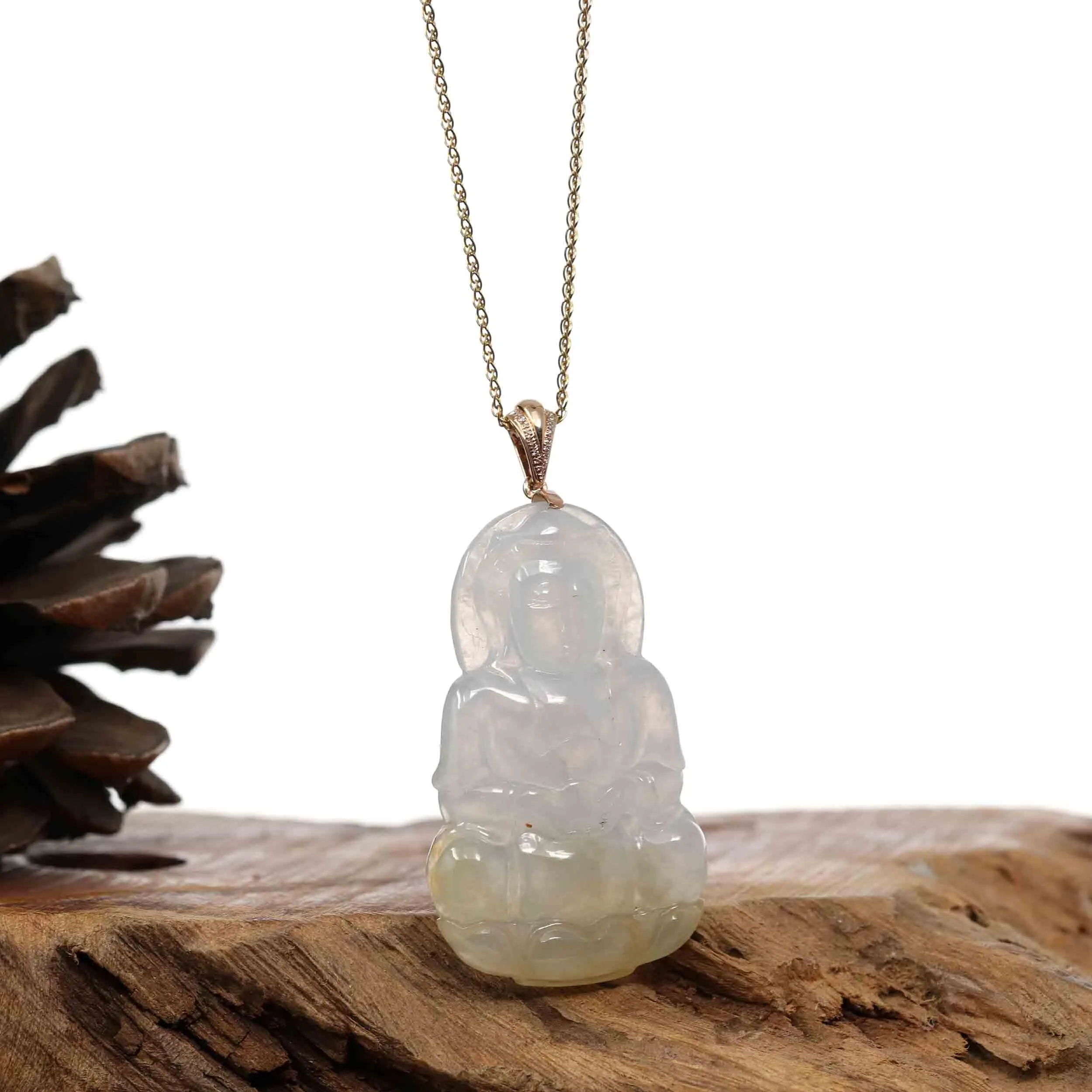 "Goddess of Compassion" 14k Yellow Gold Genuine Burmese Jadeite Jade Guanyin Necklace W/ Good Luck Design