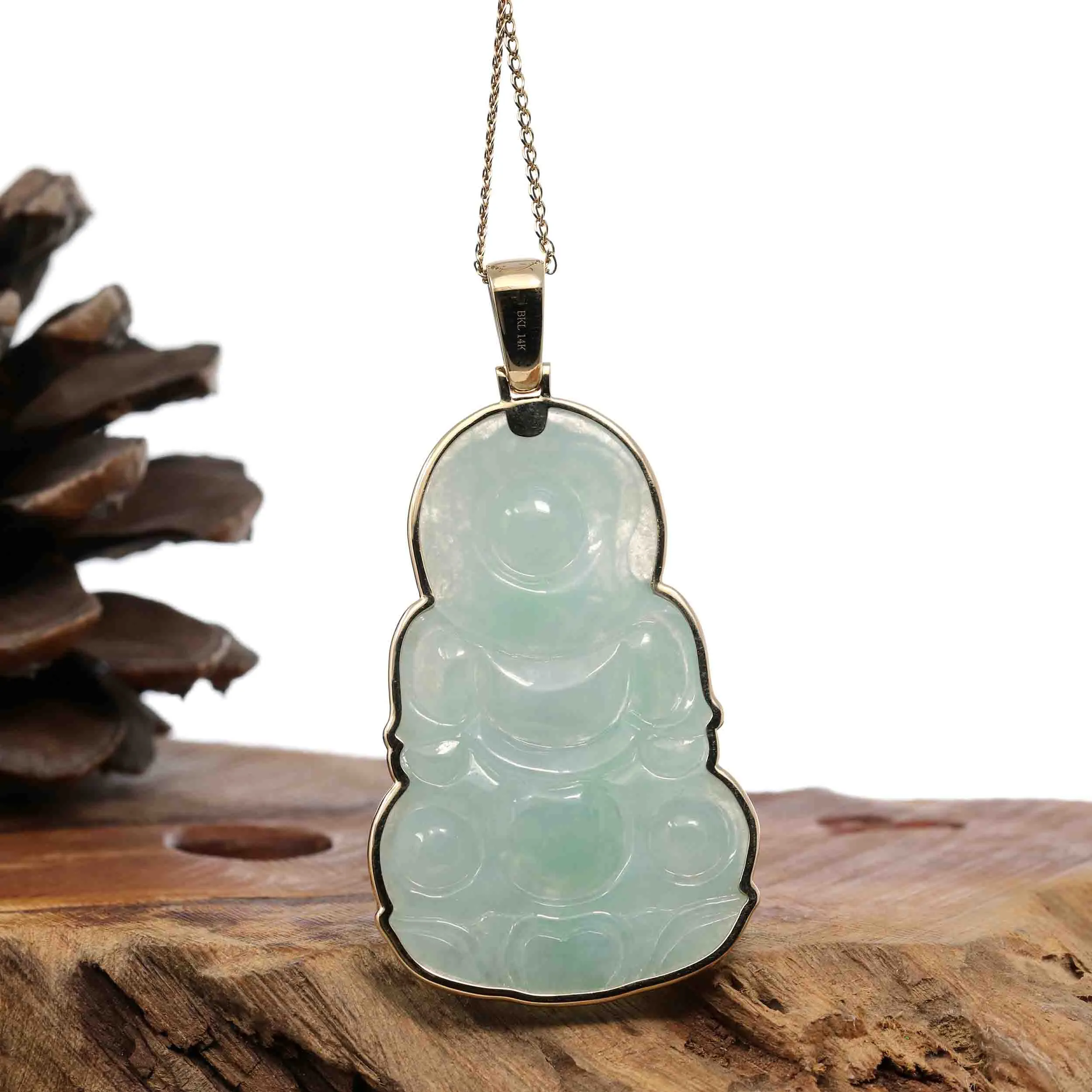 "Goddess of Compassion" 18k Yellow Gold Genuine Burmese Jadeite Jade Guanyin Necklace