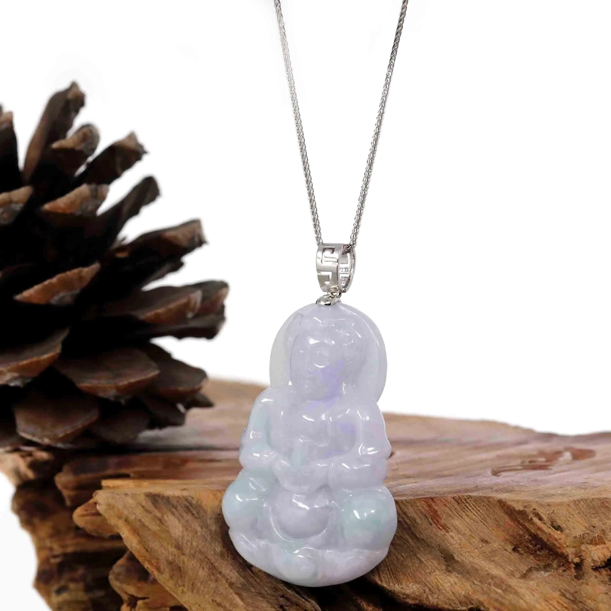 "Goddess of Compassion" Genuine Burmese Jadeite Jade Guanyin Necklace With Good Luck Design