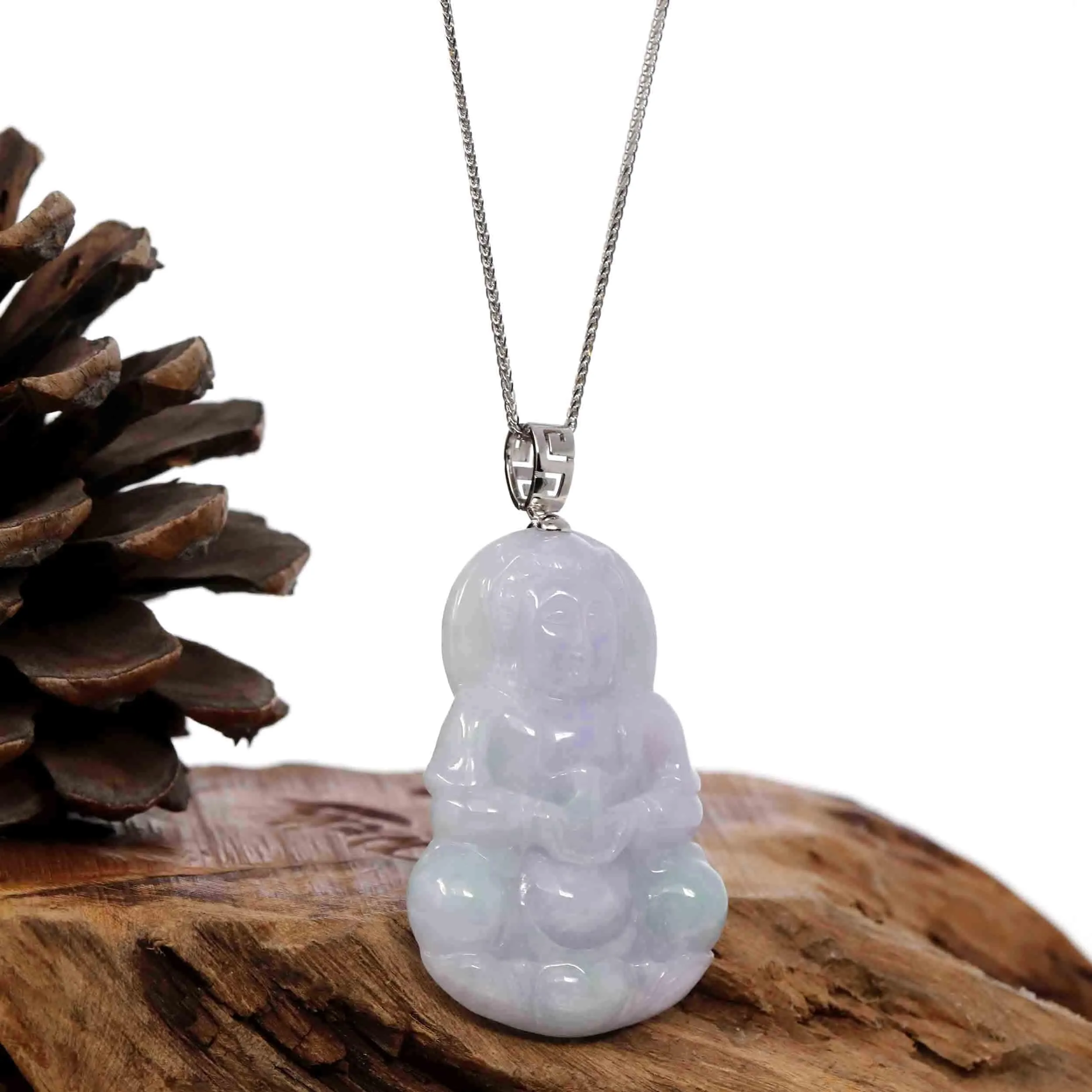 "Goddess of Compassion" Genuine Burmese Jadeite Jade Guanyin Necklace With Good Luck Design