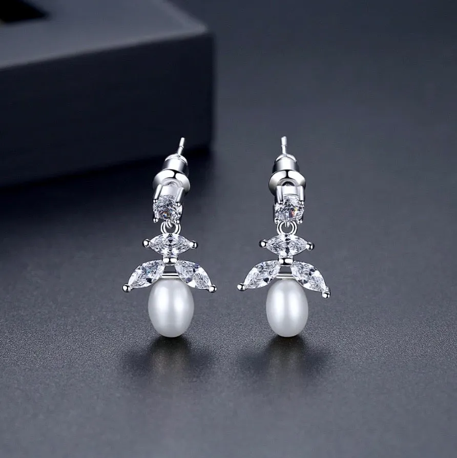 "Kim" - Pearl and Cubic Zirconia Bridal Earrings