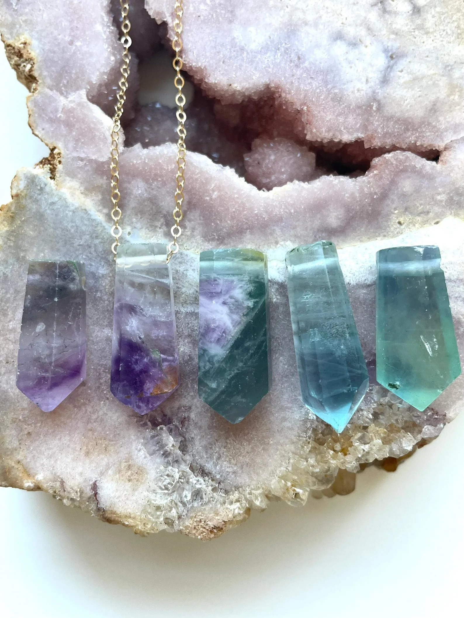 Raw Fluorite Crystal Point Necklace - Healing Gemstone Pendant Jewelry - Silver or Gold Filled