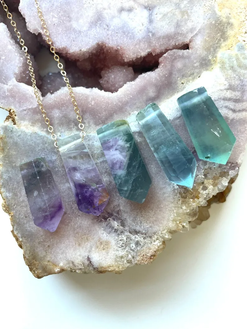 Raw Fluorite Crystal Point Necklace - Healing Gemstone Pendant Jewelry - Silver or Gold Filled