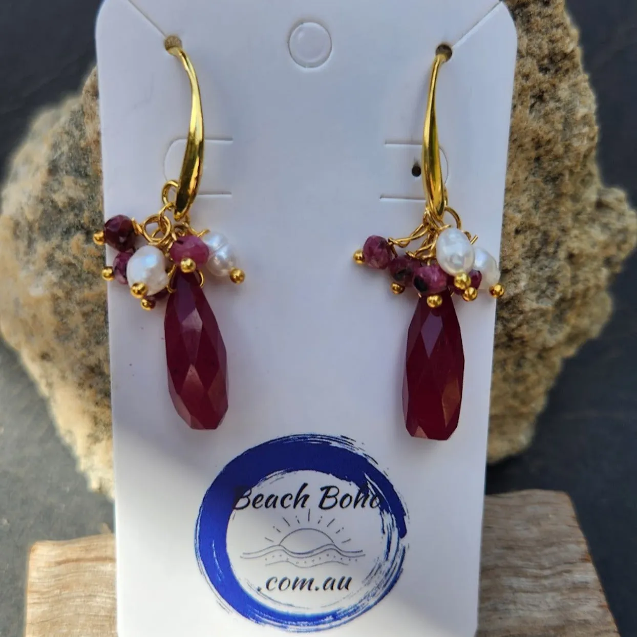 RAW RUBY - PEARL DROP GOLD HOOK DANGLES