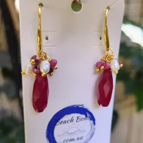 RAW RUBY - PEARL DROP GOLD HOOK DANGLES