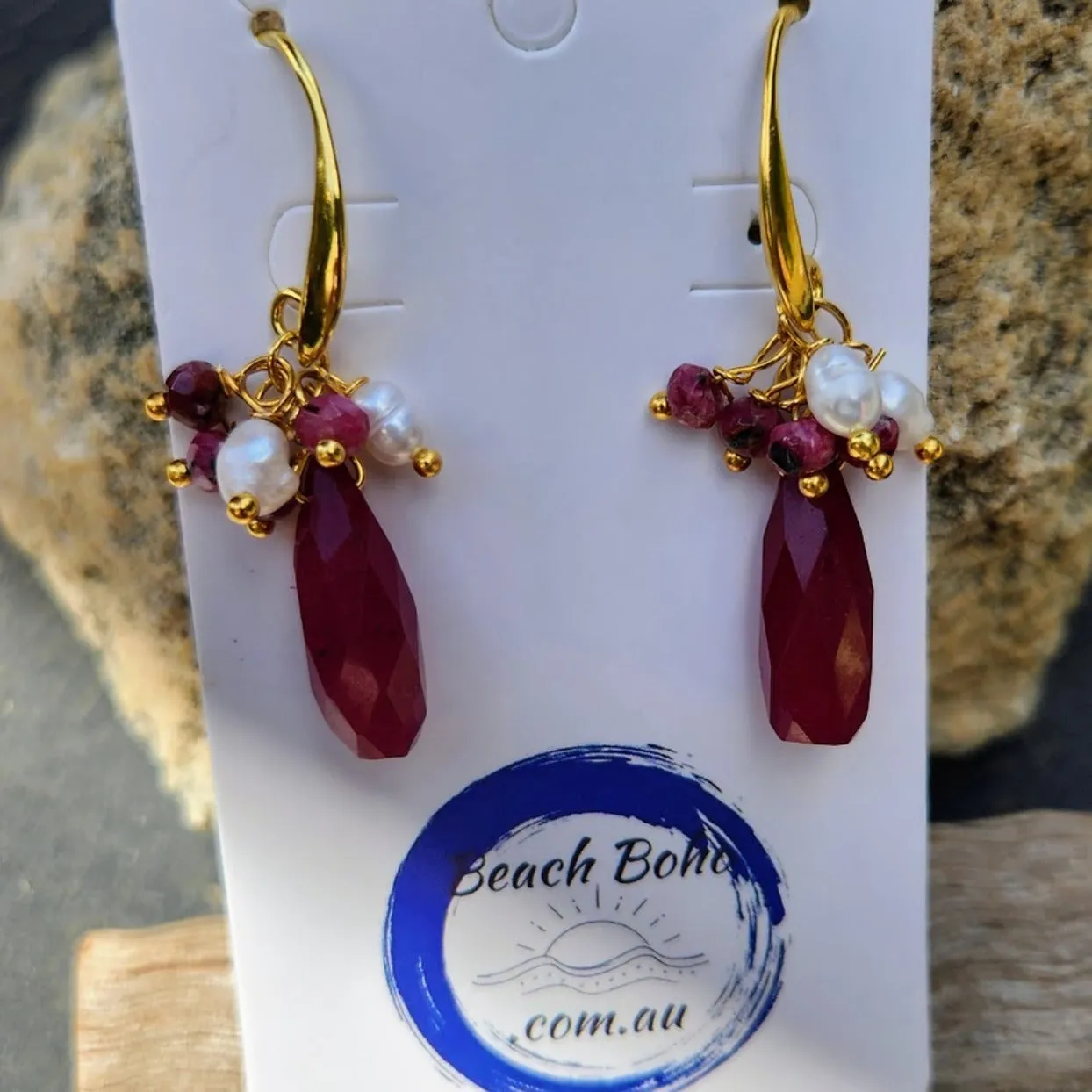 RAW RUBY - PEARL DROP GOLD HOOK DANGLES