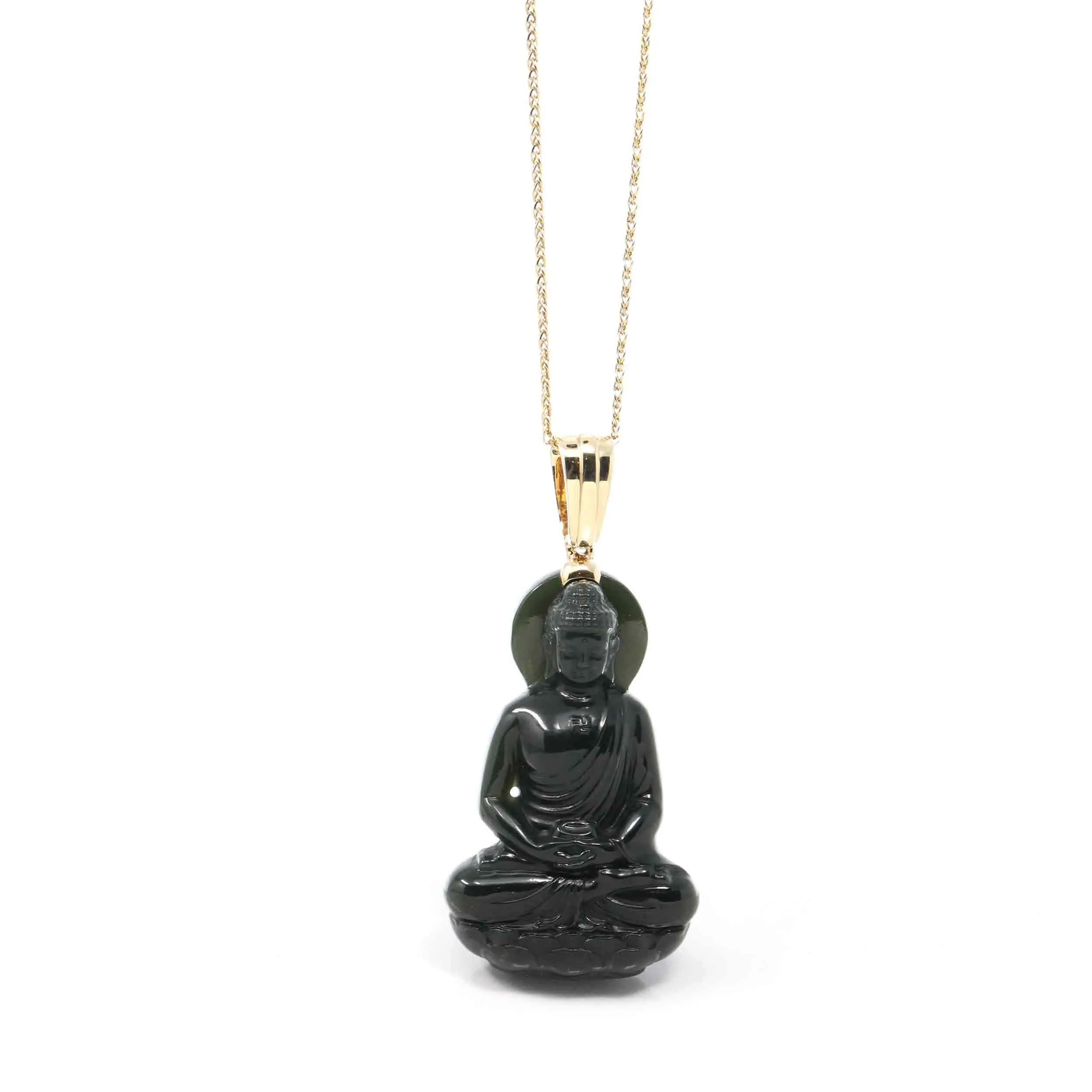 RealJade® 14K Yellow Gold Genuine Nephrite Black Jade " Ru Lai Buddha " Pendant Necklace