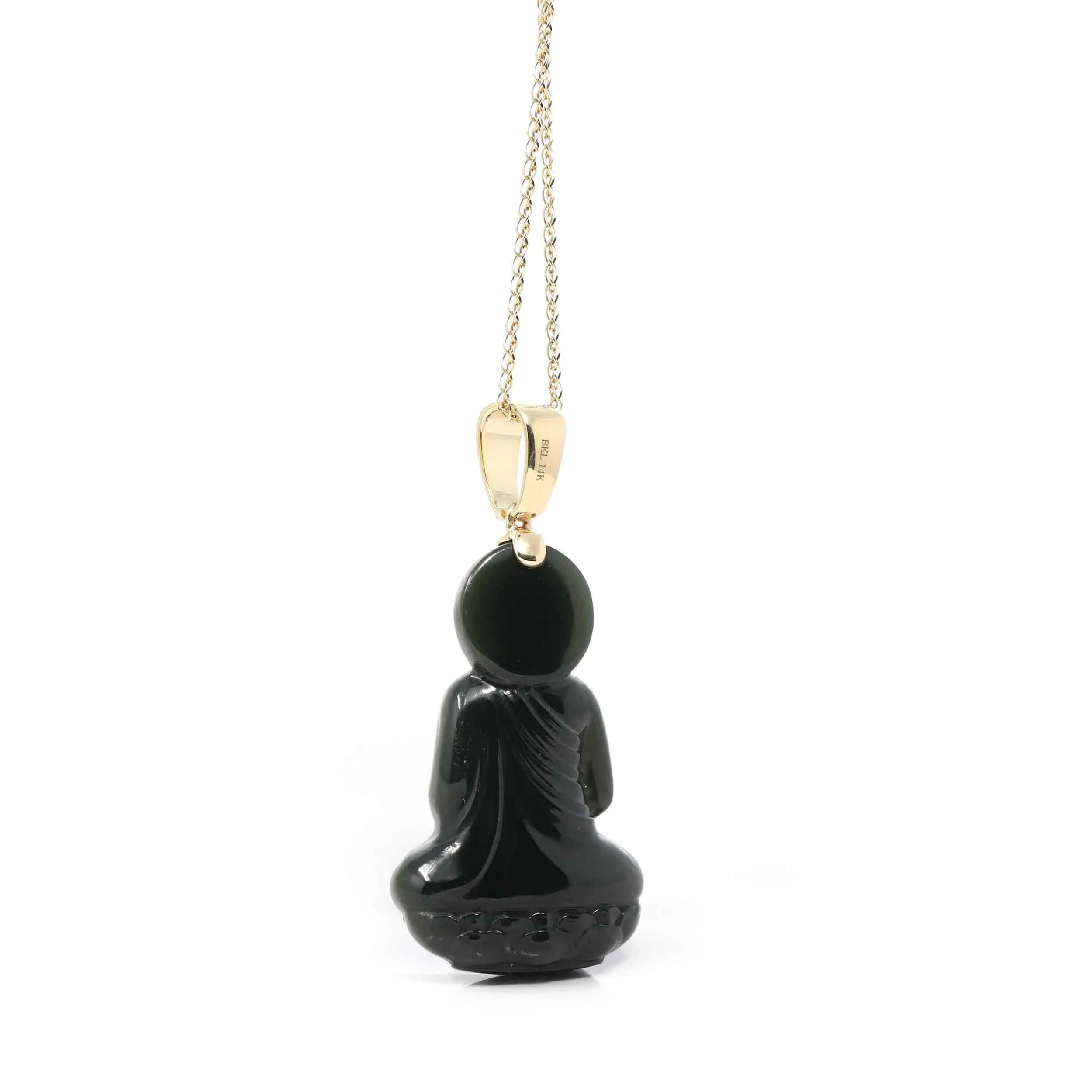 RealJade® 14K Yellow Gold Genuine Nephrite Black Jade " Ru Lai Buddha " Pendant Necklace