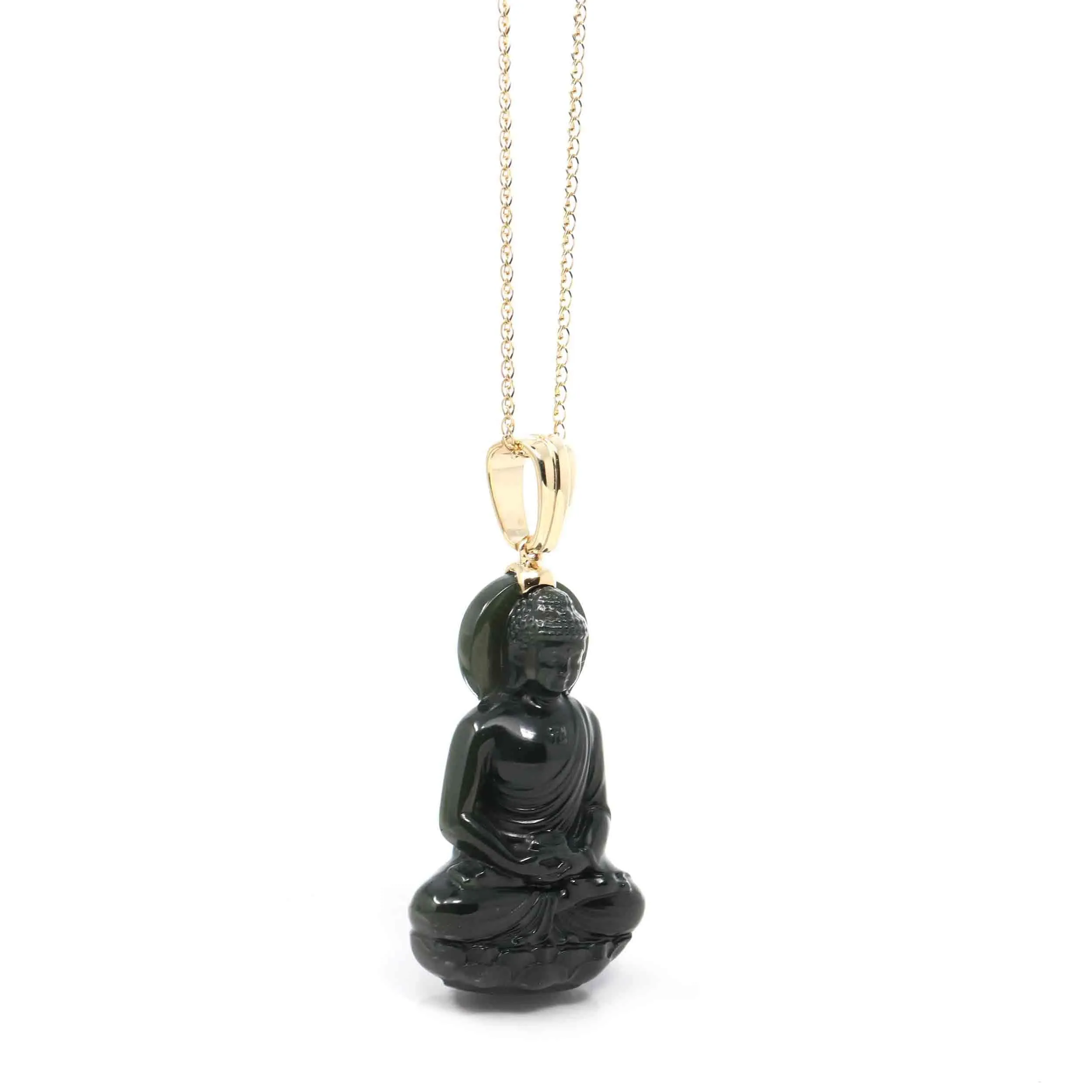 RealJade® 14K Yellow Gold Genuine Nephrite Black Jade " Ru Lai Buddha " Pendant Necklace