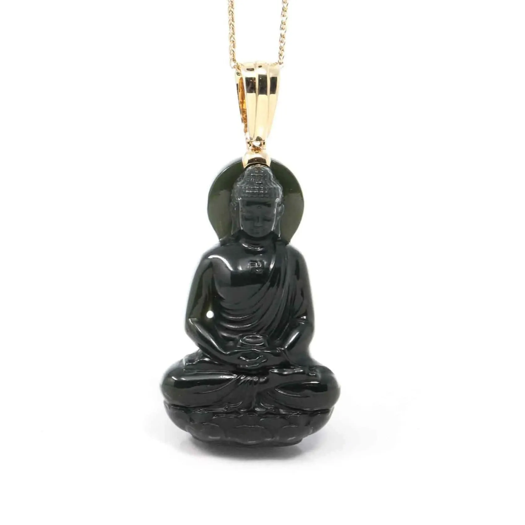 RealJade® 14K Yellow Gold Genuine Nephrite Black Jade " Ru Lai Buddha " Pendant Necklace