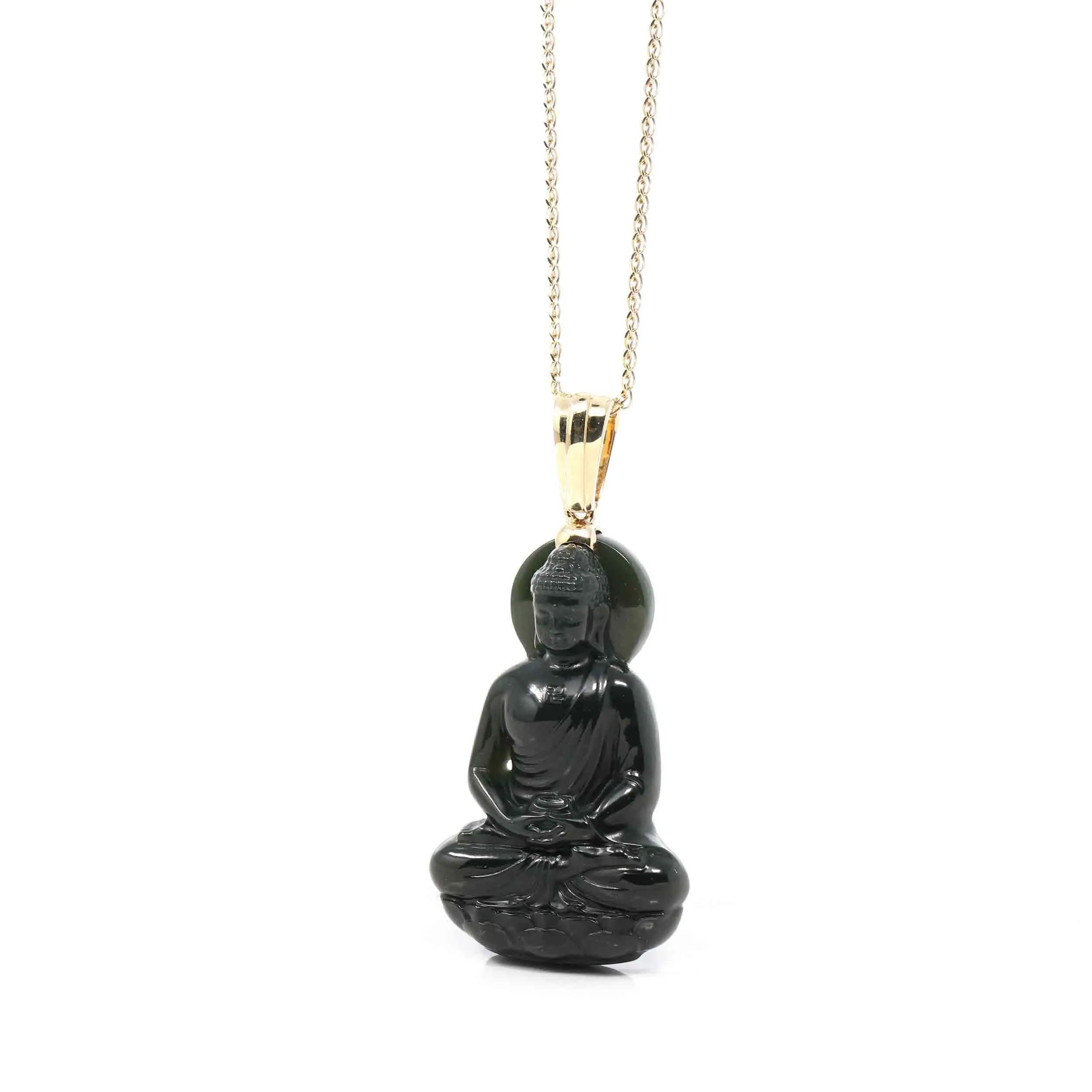 RealJade® 14K Yellow Gold Genuine Nephrite Black Jade " Ru Lai Buddha " Pendant Necklace