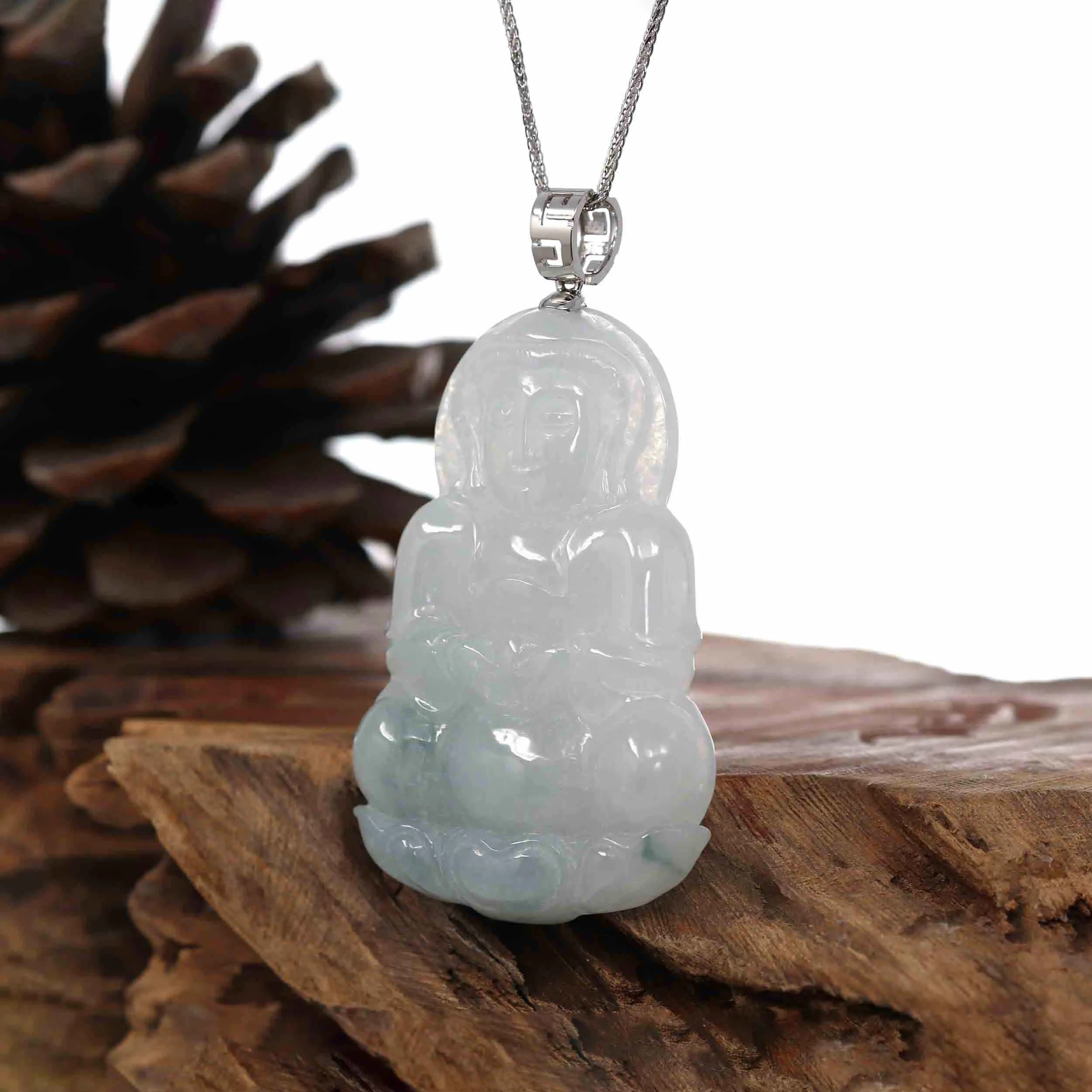 RealJade® "Goddess of Compassion" Genuine Burmese Ice Blue Jadeite Jade Guanyin Necklace With Good Luck Design 14K Gold  Bail