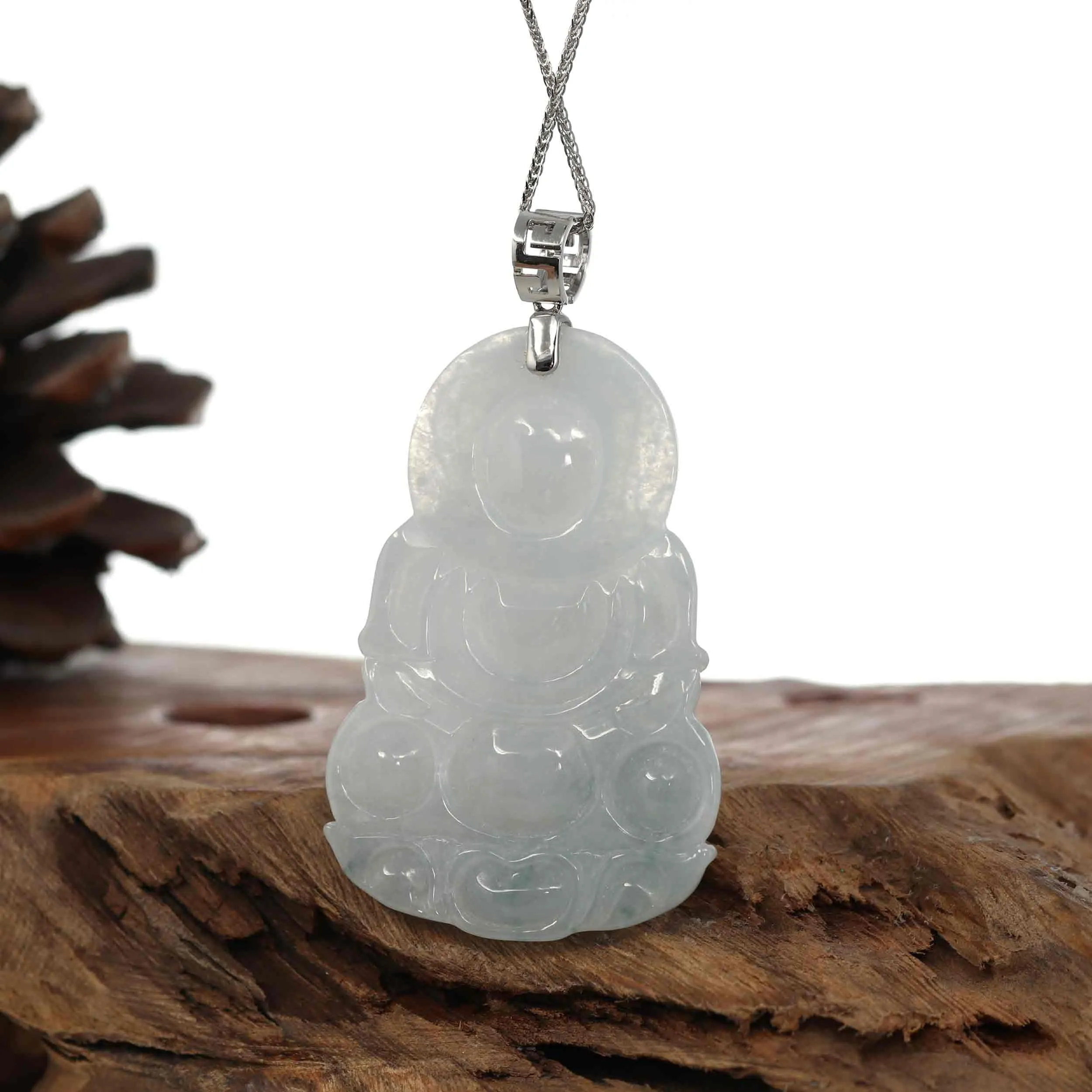 RealJade® "Goddess of Compassion" Genuine Burmese Ice Blue Jadeite Jade Guanyin Necklace With Good Luck Design 14K Gold  Bail