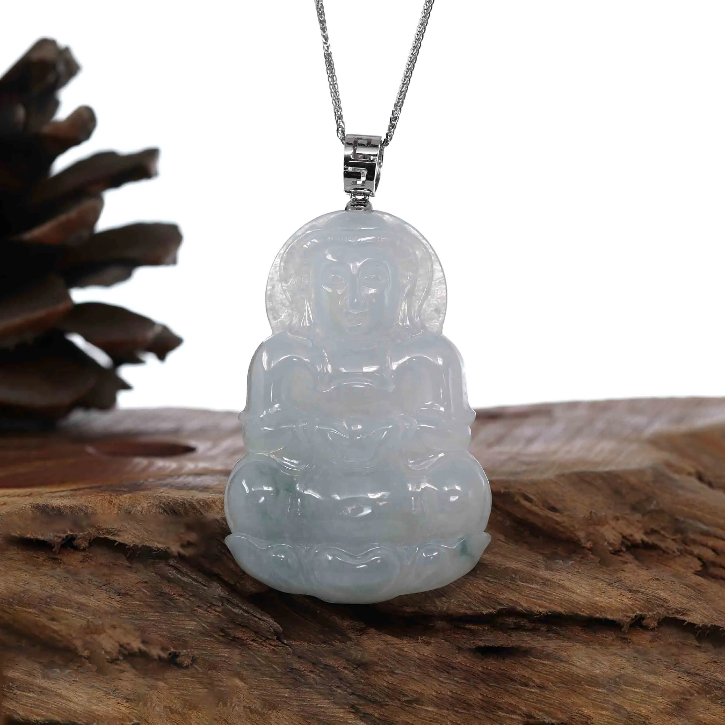 RealJade® "Goddess of Compassion" Genuine Burmese Ice Blue Jadeite Jade Guanyin Necklace With Good Luck Design 14K Gold  Bail