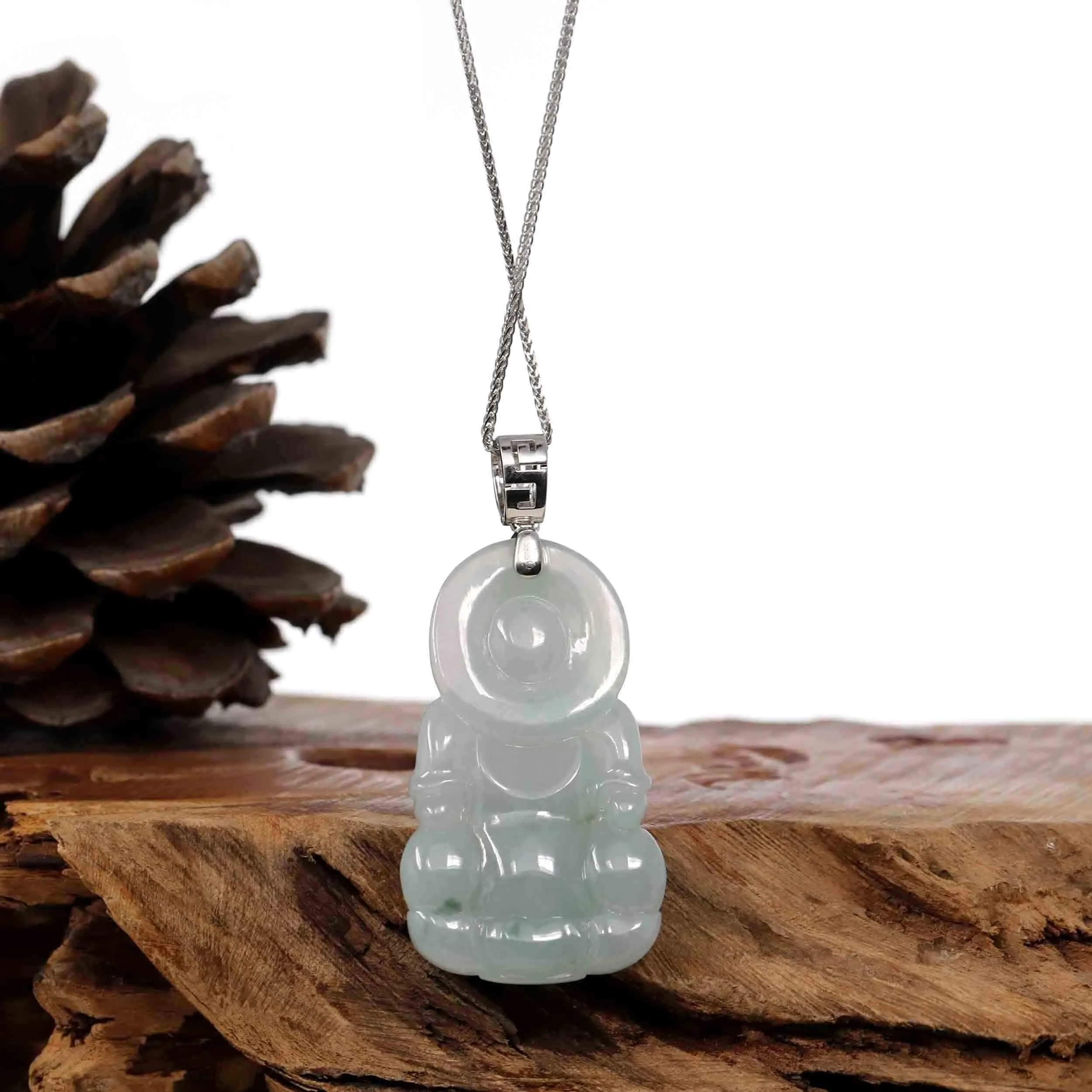 RealJade® "Goddess of Compassion" Genuine Burmese Jadeite Jade Guanyin Necklace With Good Luck Design Silver Bail