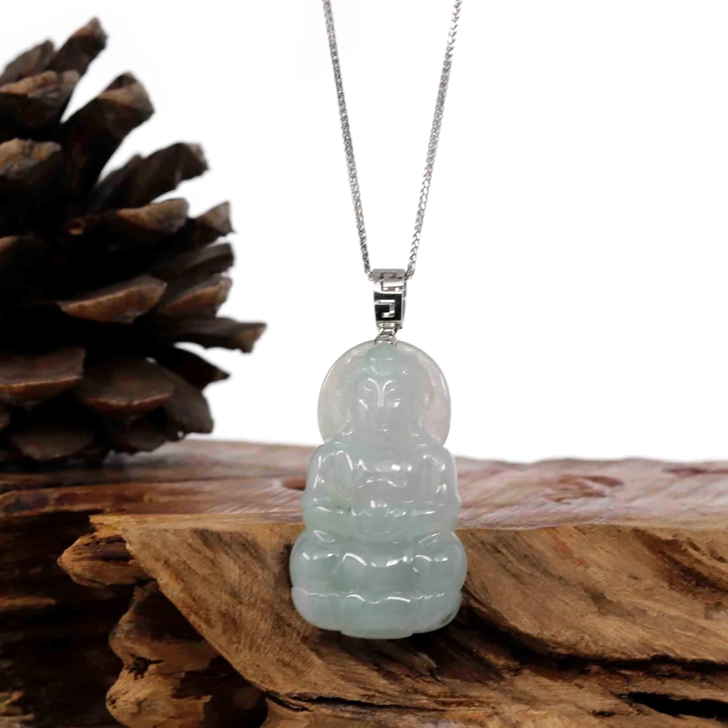 RealJade® "Goddess of Compassion" Genuine Burmese Jadeite Jade Guanyin Necklace With Good Luck Design Silver Bail