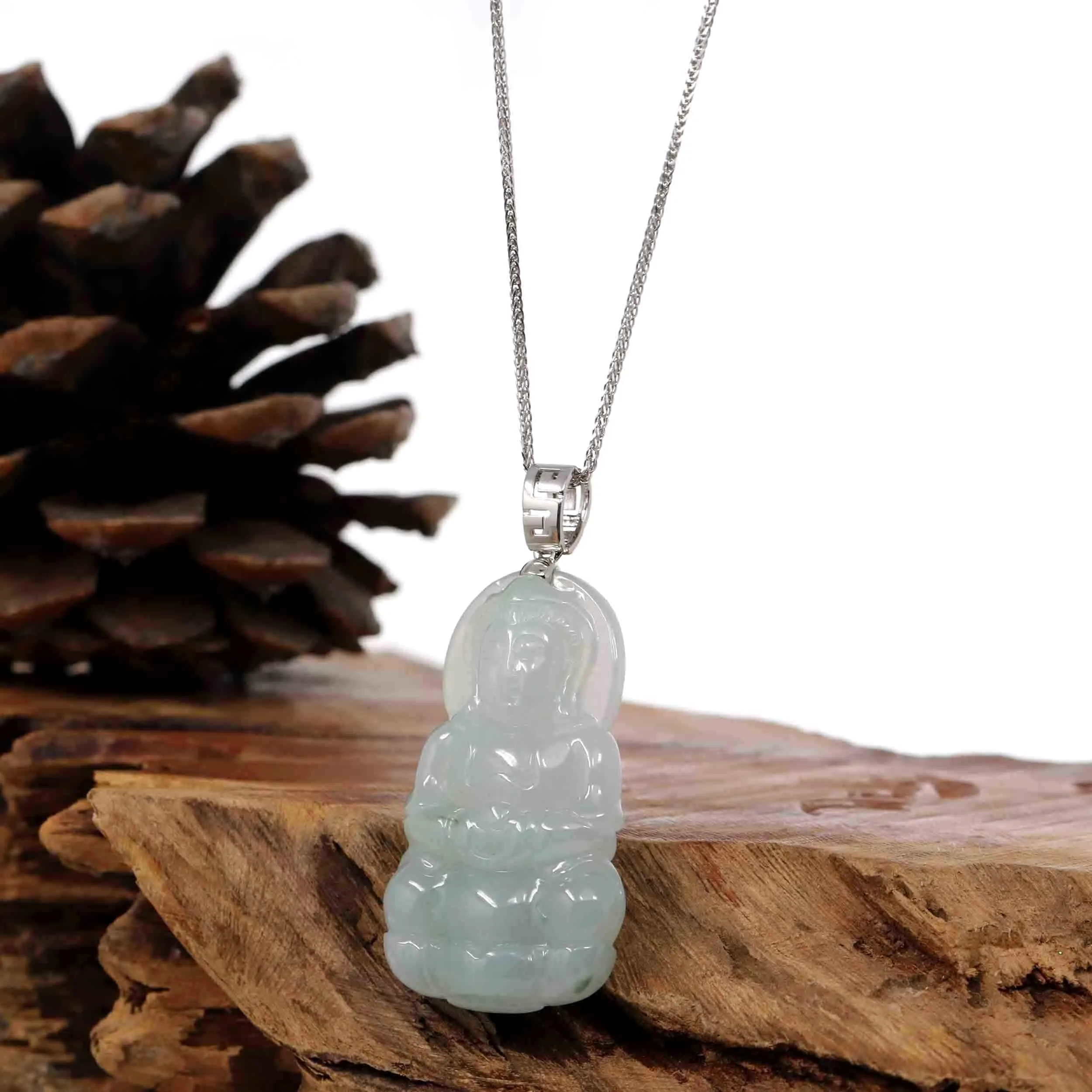 RealJade® "Goddess of Compassion" Genuine Burmese Jadeite Jade Guanyin Necklace With Good Luck Design Silver Bail