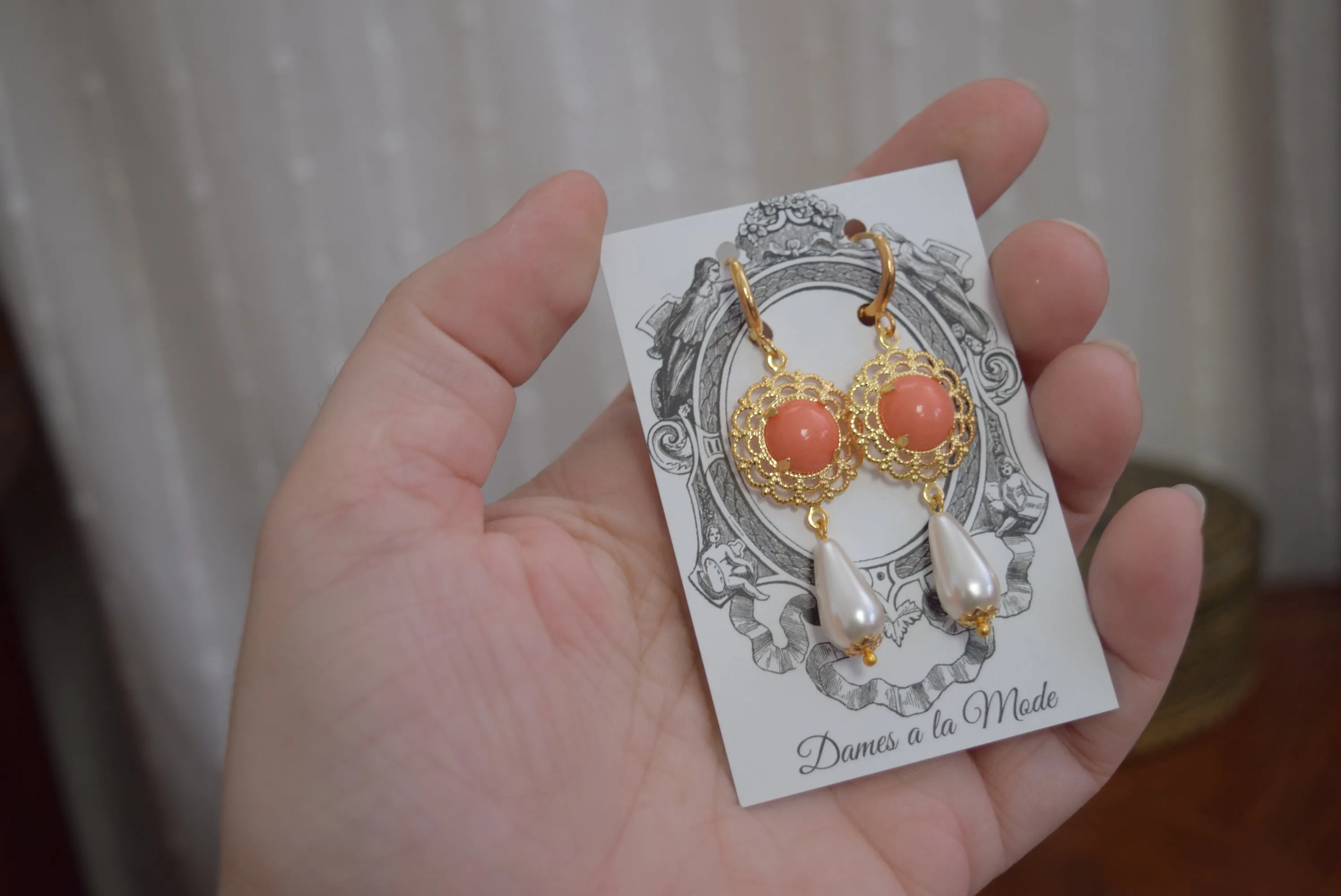 Renaissance Coral, Filigree, and Pearl Earrings