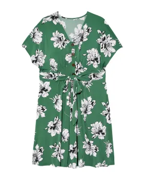 Roseville Button Front Flare Sleeve A-line Dress | Kelly Green / White