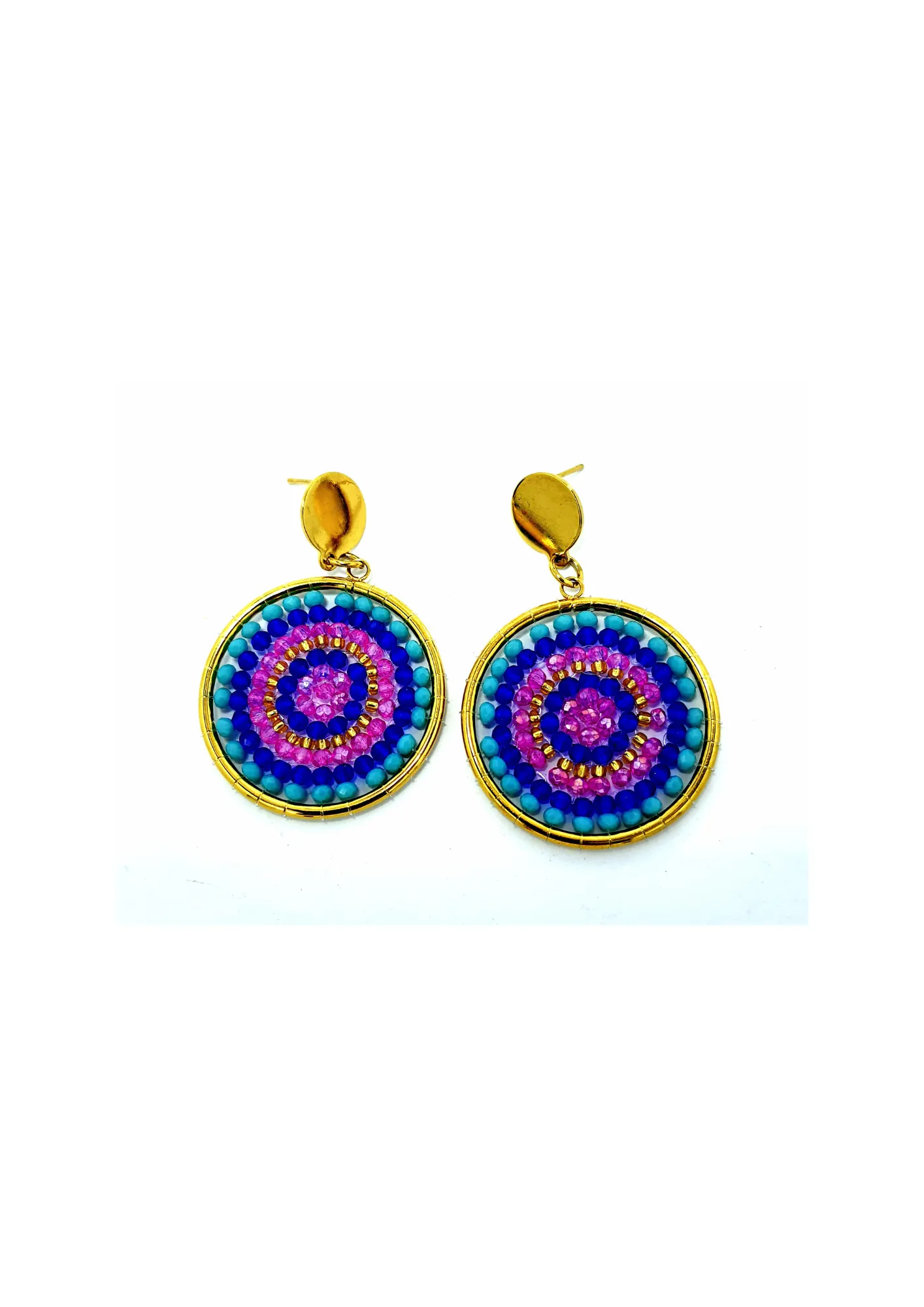 Round pink and blue earrings with gold studs