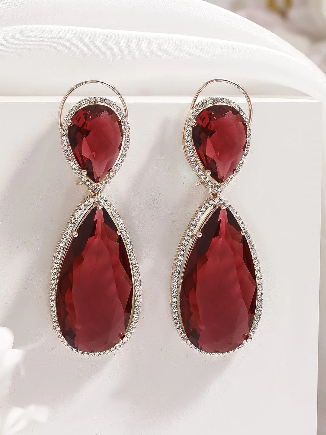 Rubans 18K Gold-Plated Ruby Red & Cubic Zirconia Studded Premium Drop Earrings