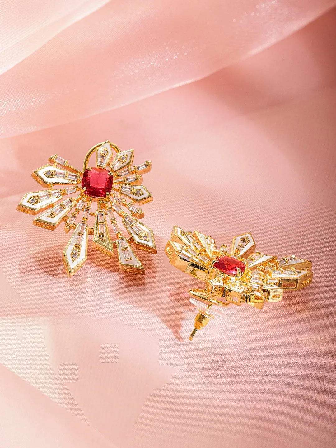 Rubans 18K Gold-Plated Ruby Red & Cubic Zirconia Studded Statement Stud Earrings