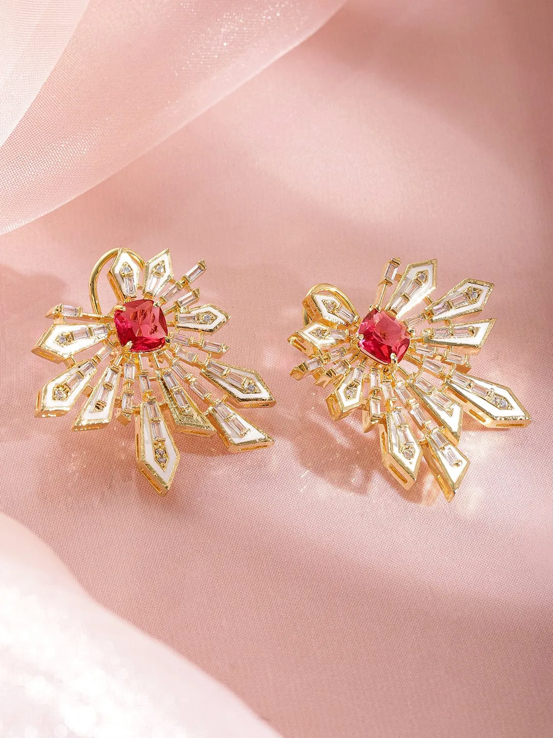 Rubans 18K Gold-Plated Ruby Red & Cubic Zirconia Studded Statement Stud Earrings