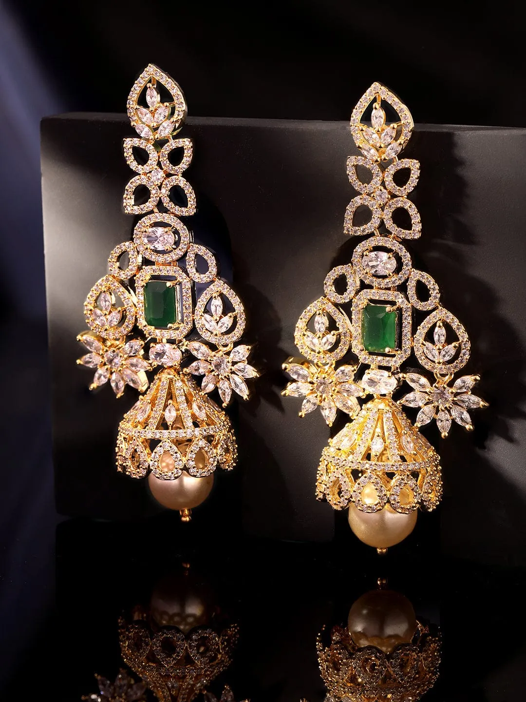 Rubans 18k Gold Plated Zirconia and Emerald studded Chandelier Earrings