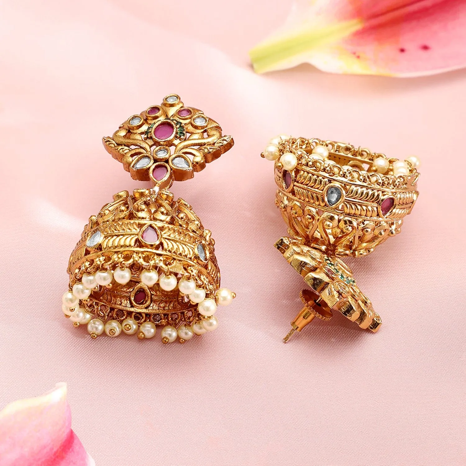 Rubans 22K Gold-Plated Dome Shaped Pearls & Ruby, Emerald & Cubic Zirconia Studded Traditional Jhumka