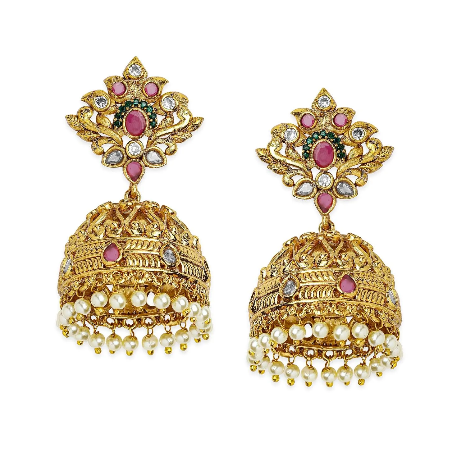 Rubans 22K Gold-Plated Dome Shaped Pearls & Ruby, Emerald & Cubic Zirconia Studded Traditional Jhumka