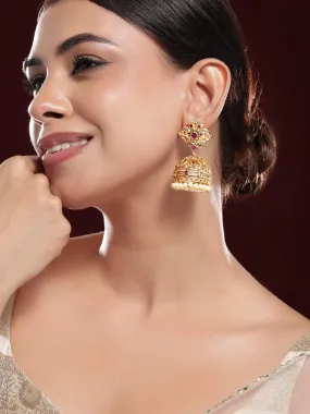 Rubans 22K Gold-Plated Dome Shaped Pearls & Ruby, Emerald & Cubic Zirconia Studded Traditional Jhumka