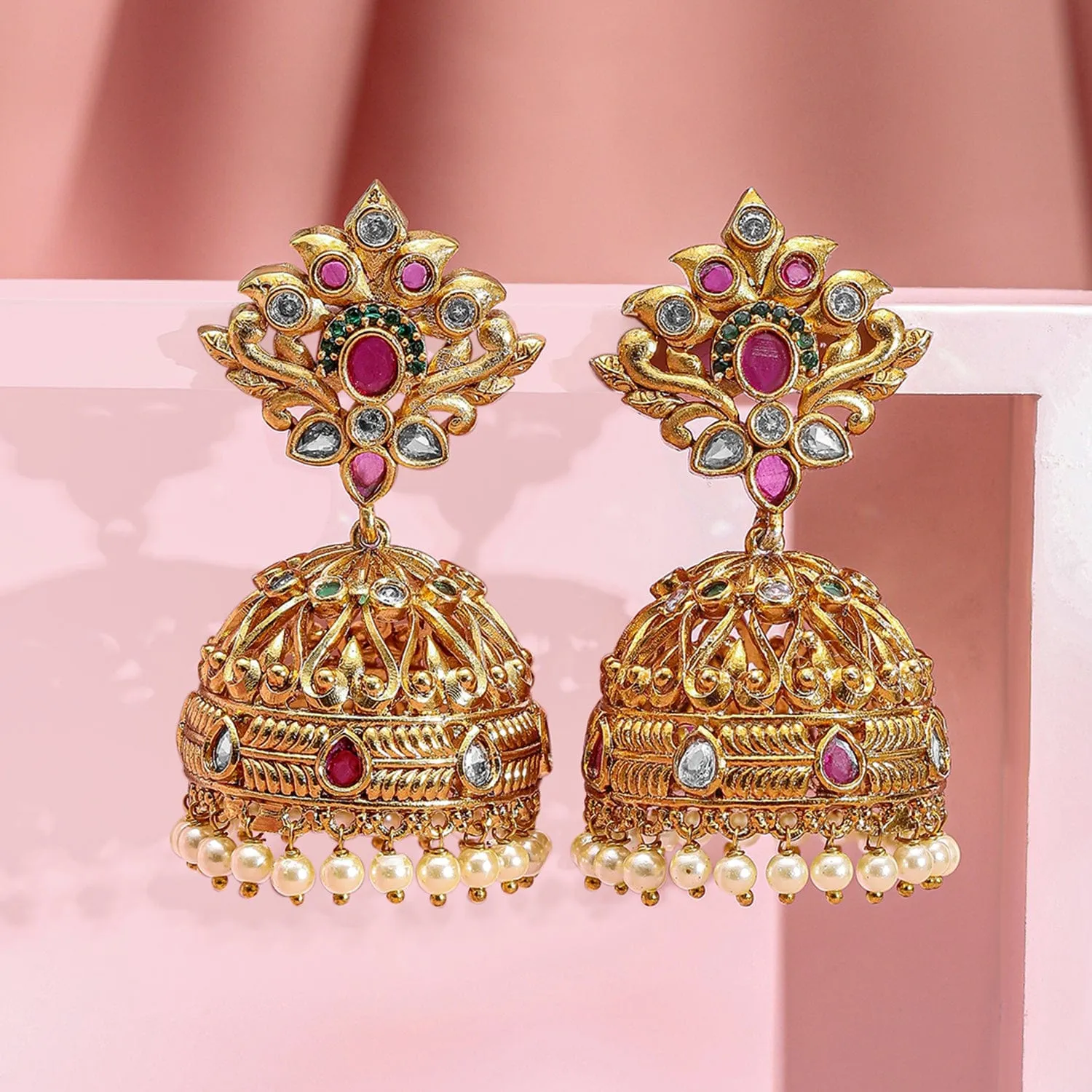 Rubans 22K Gold-Plated Dome Shaped Pearls & Ruby, Emerald & Cubic Zirconia Studded Traditional Jhumka