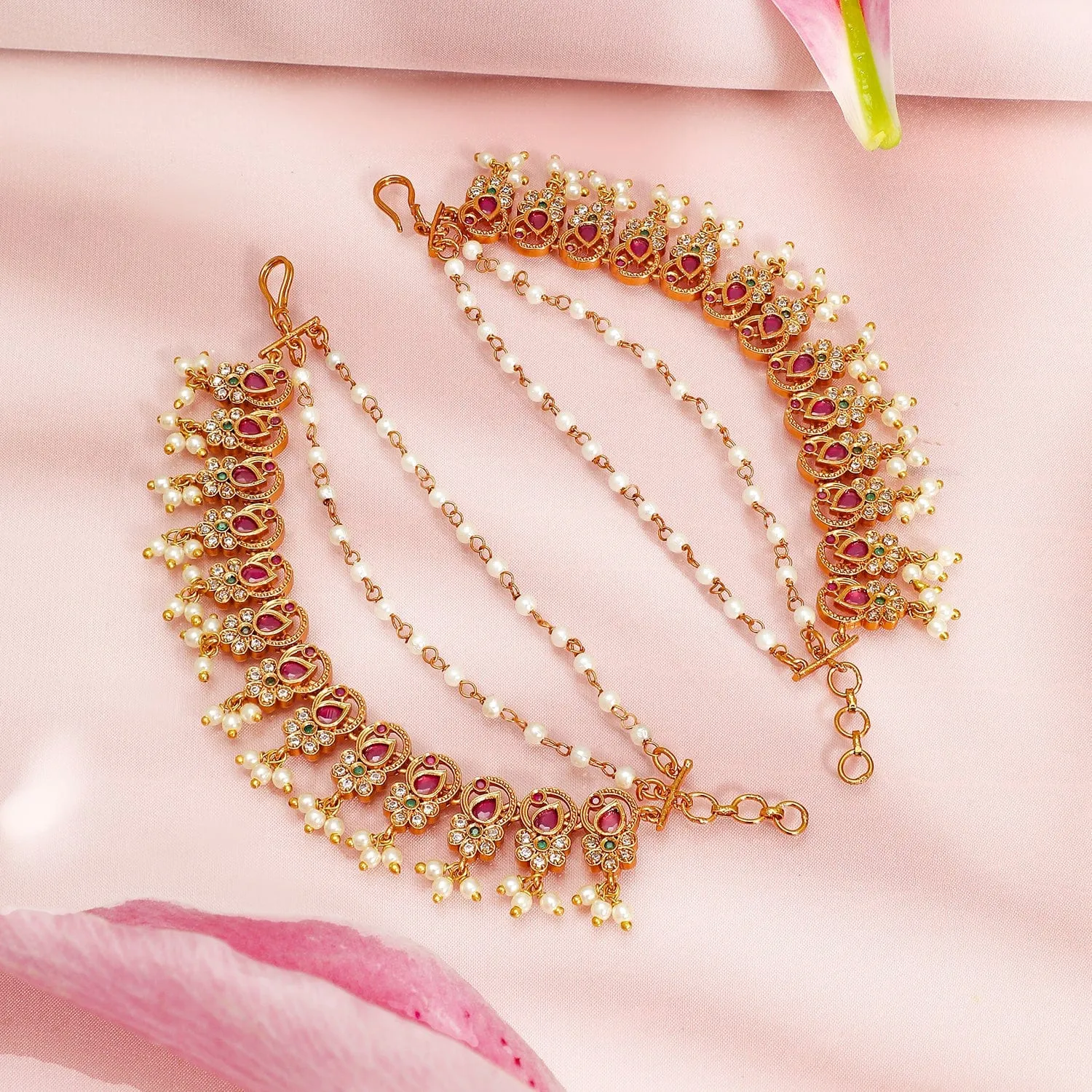 Rubans 22K Gold Plated Ruby & Pearl Studded Handcrafted Ear Chain with Delicate Layered Design